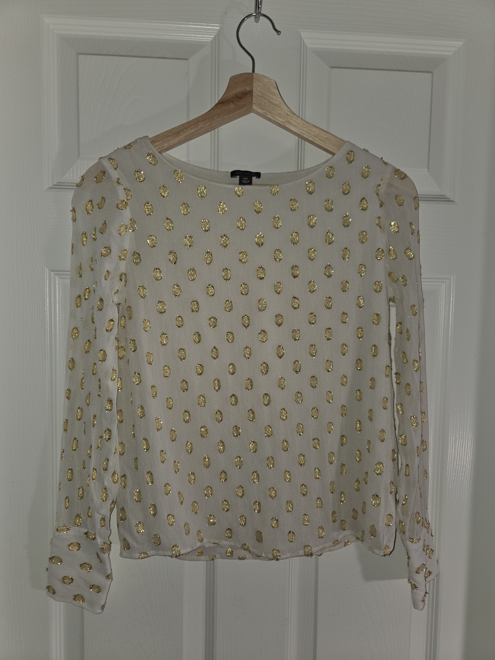 Ann Taylor Cream Blouse with Gold Foil Polka Dots